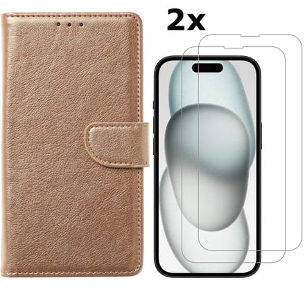 Hoesje Geschikt voor iPhone 15 Plus hoesje bookcase met 2x screenprotector – Goud