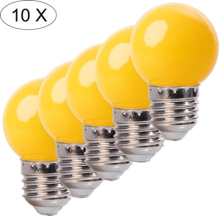 Set 10 stuks gele led kogellampen - 1W - E27 geschikt voor prikkabel feestverlichting