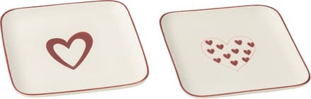 J-Line bord Harten - porselein - wit/rood - 2 stuks