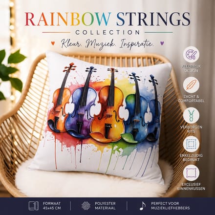 Rainbow Strings Collection Kussenhoes - regenboog violen - viool - 45x45 cm