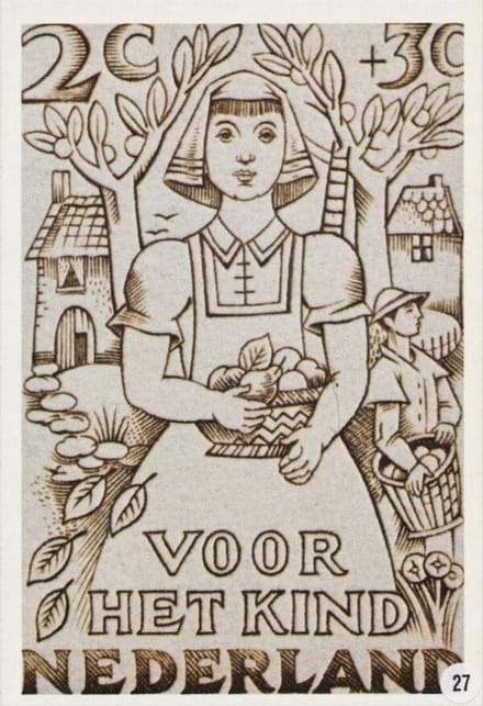 Briefkaart met afbeelding zinnebeeldige voorstelling van een meisje in de herfst postzegel