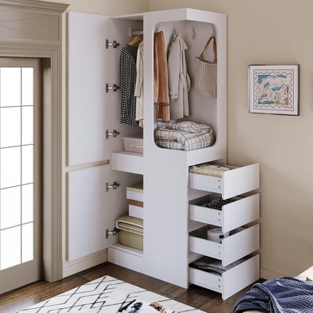 Wardrobe, with drawers and storage compartments, open wardrobe, one door (white-3)