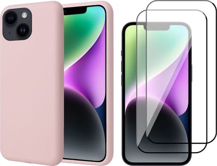 Hoesje geschikt voor iPhone 14 Plus - 2x Screen Protector FullGuard - Back Cover Case SoftTouch Roze & Screenprotector