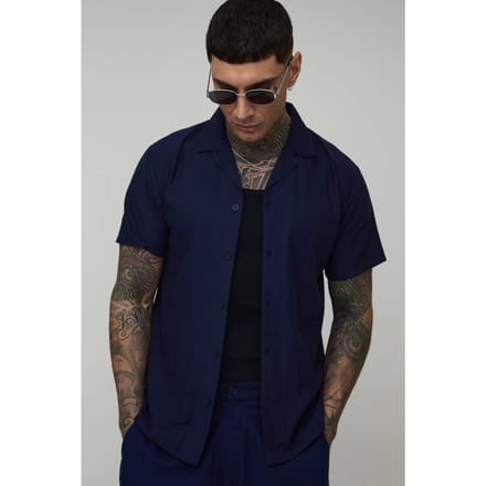 Lang Regular Korte Mouw Linnen Blend Overhemd | Navy | Size Small