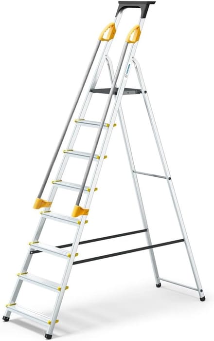 Trapladder met 8 treden - beveiligd - hellingen - gereedschapshouder - inklapbaar - aluminium - platformhoogte 162 cm Trapladder