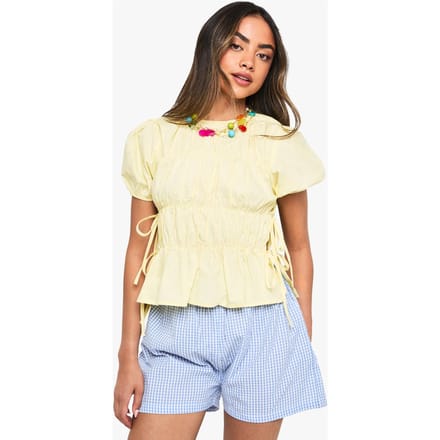 boohoo Dames Gerafeld poplin, smock met zijstrik | Lemon | Maat: 8