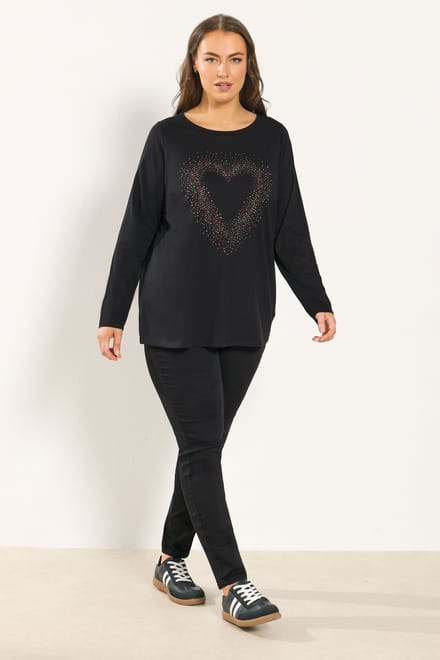 Yours Zwart Tshirt Met Lange Mouwen En Hart Met Studs Size 42