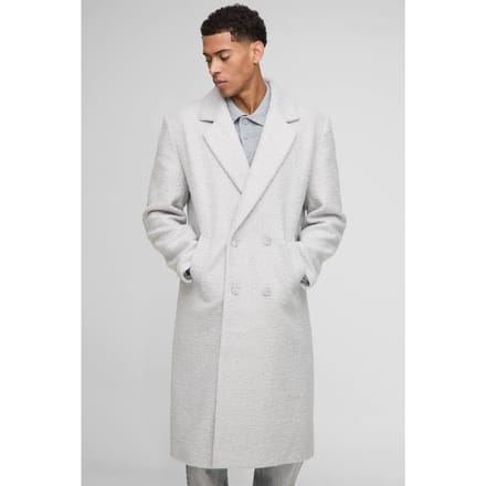 Dubbelgeknopte getextureerde bouclé overjas met afgezakte schouders en revers | Light Grey | Size Medium