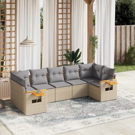 vidaXL - 7-delige - Loungeset - met - kussens - poly - rattan - beige