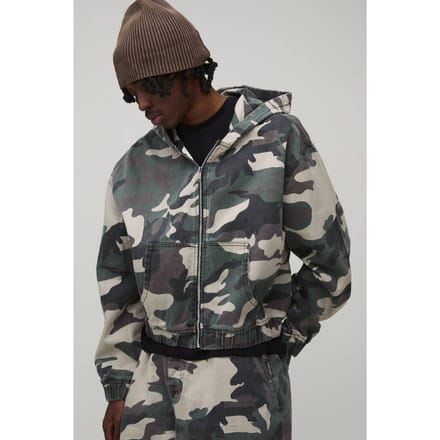 Oversized Crop Camo Twill Hooded Overshirt | Green | Size Small