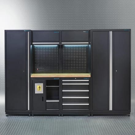 Datona® Werkplaatsinrichting PREMIUM met eiken werkblad 285 cm breed - Zwart