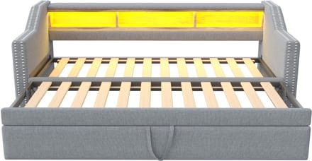 MODFU Uitklapbare slaapbank 90/180x190 cm – LED – USB – Opbergruimte – Lichtgrijs linnen