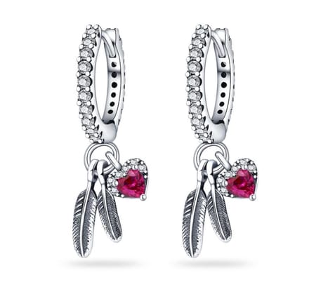 Oorbellen veertjes + roze hartje Sterling zilver925