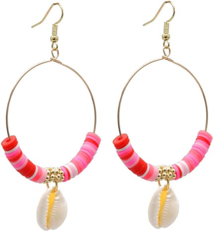 Oorbellen Rond - Schelp en Kralen - 8x4,5 cm - Roze en Rood