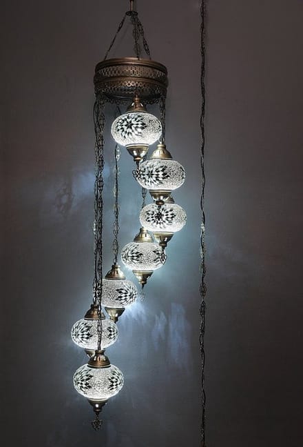 Turkse lamp - mozaïek hanglamp wit - 7 bollen - handgemaakt en authentiek - E14 verlichting