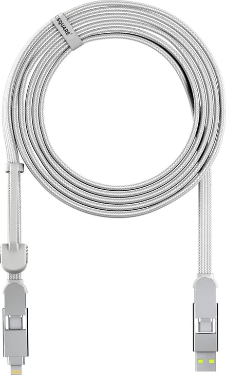 Rolling Square inCharge XL 6-in-1 Snellaadkabel 3 Meter - USB-C, Micro USB & Lightning Oplaadkabel voor iPhone, iPad & Android - Wit