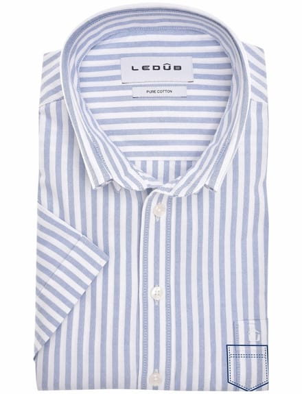 katoenen Ledub overhemd korte mouw blauw gestreept
