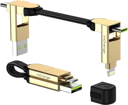 Rolling Square inCharge X 6-in-1 Oplaadkabel 9 cm - USB-C, Micro-USB & Lightning Kabel voor iPhone, iPad, Android & Laptop - 60W Snelladen & Data Transfer - Goud