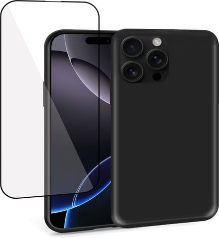 Geschikt voor Apple iPhone 16 Pro Max - Hoesje + Screenprotector – Full Cover Gehard Glas – Suède Back Cover Case Zwart