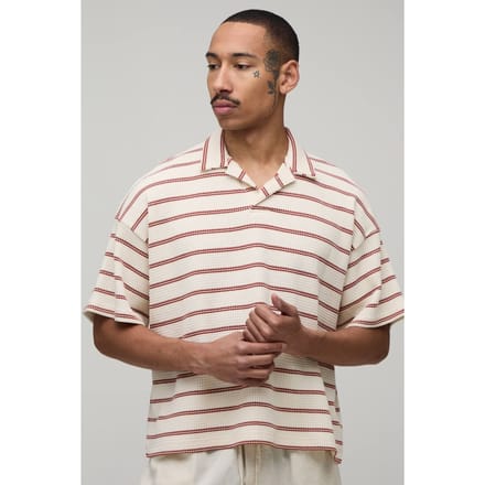 Oversized Striped Waffle Revere Polo T-Shirt | Ecru | Size Medium