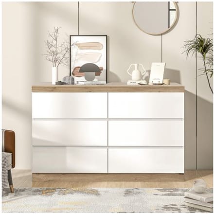 Commode - MUVOE - 6 Lades - Wit + Eiken - Spaanplaat E1 - Klassieke Stijl wit