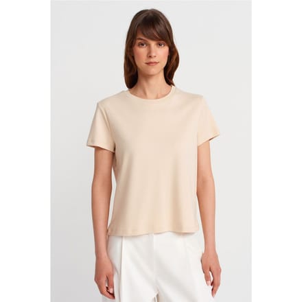 Dames Katoenen Geribbelde ronde Hals T-shirt