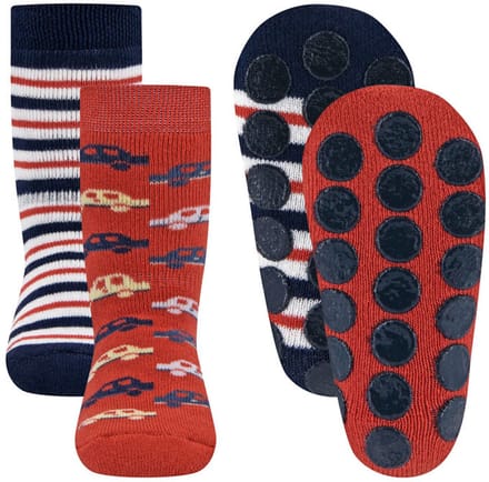 Antislipsokken Ewers - Set 2-Pack -Oranjerood met Autos & Strepen - Elastisch - Noppenzool-27/30