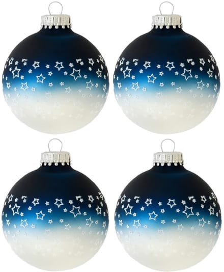 Krebs Kerstballen - 4 stuks - glazen - blauw-wit - met sterren - 7 cm