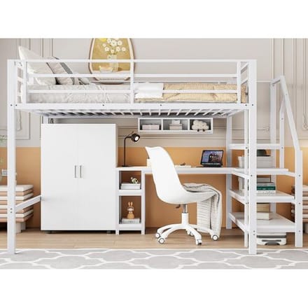ModernLuxe Hoogslaper van metaal 140x200 cm - met bureau, kledingkast en opbergladder - Wit