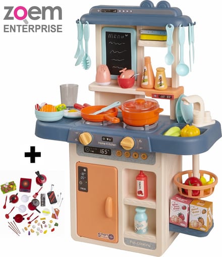 Zoem - Mini Speelgoed Keuken Blauw 65 cm - Extra 60 accessoires - Stoom - Werkende kraan