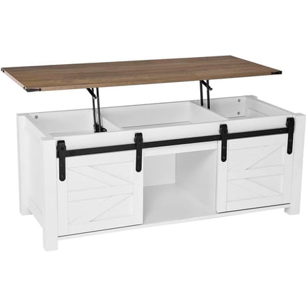 Table basse de ferme avec plateau relevable 1200 mm, Table centrale rustique avec porte de grange et compartiment de rangement caché, Plateau rectangulaire moderne relevable pour