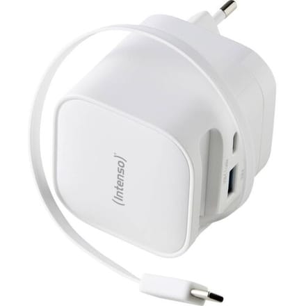 Intenso W65ACIC 65W GaN Power Adapter - USB-C Snel lader met oprolbare kabel - Laptop - Tablet - Smartphone- wit