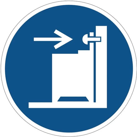 Gebruiken van kantelbeveiliging verplicht gebodssticker - M071 | 15 cm
