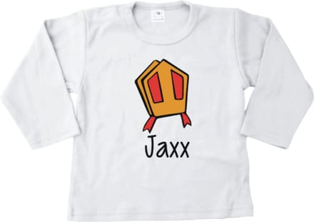 Sinterklaas Shirtje –Wit lange mouw maat 80- Eigen Naam & Leuke Print mijter – Uniek Cadeau