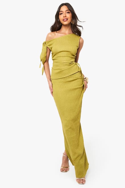 boohoo Dames Getextureerde geplooide maxi-rok | Olive | Maat: 10