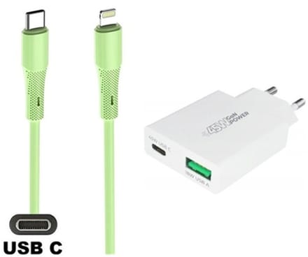 45W super snellader met 2 poorten + 1,0m USB C naar Lightning kabel. Universele PD PPS lader. Compacte GAN oplader adapter past op Apple iPhone 13, 13 Mini, 13 Pro, 13 Pro Max, iPhone 14, 14 Plus, 14 Pro, 14 Pro Max