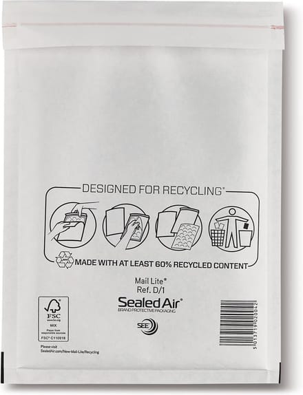 Mail Lite luchtkussenenveloppen - 100 st. - wit, D/1, 180 x 260 mm, doos van 100 stuks