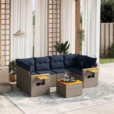 vidaXL - 7-delige - Loungeset - met - kussens - poly - rattan - grijs
