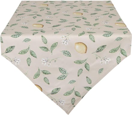 Clayre & Eef Tafelloper 50x160 cm Beige Groen Katoen Citroen