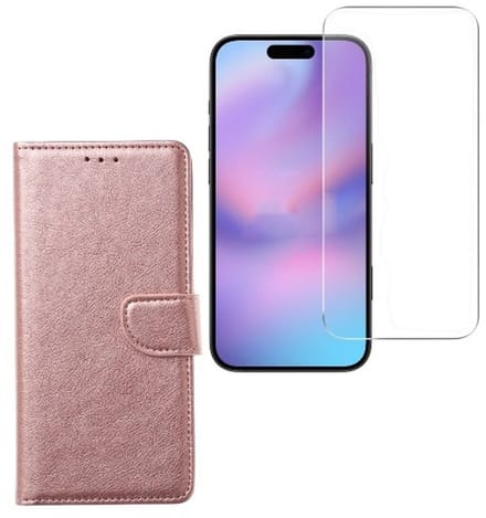 Bookcase Hoesje Geschikt voor: Apple iPhone 17 Pro Max - Rosegoud - Portemonnee hoesje + 2X Tempered Glas Screenprotector