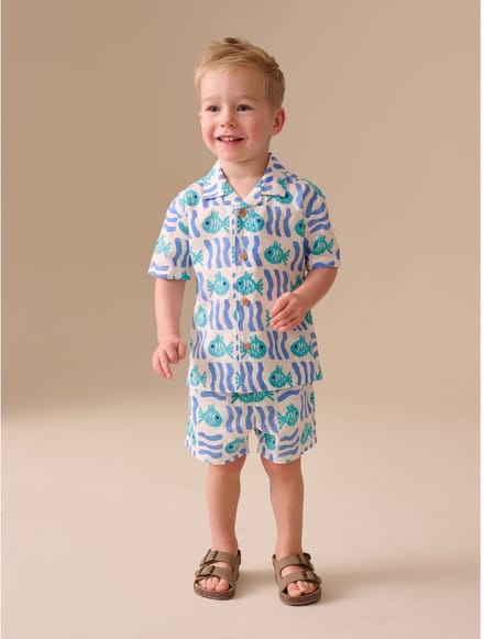 Next - Jongens - Set met overhemd met korte mouwen en reverskraag en korte broek - Wit