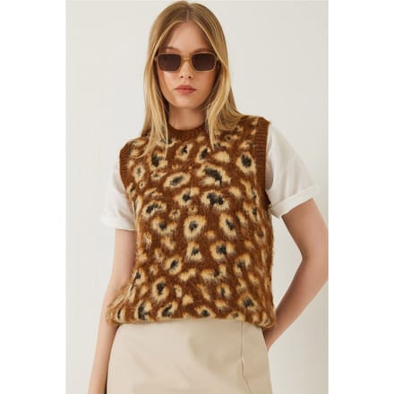 Leopardprint Ribbels Brei Sweater Vest