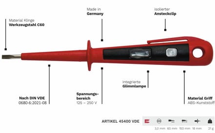 Eurotester / Spanningstester tot 250 V - VDE Getest, 150 mm, Rood/Zwart