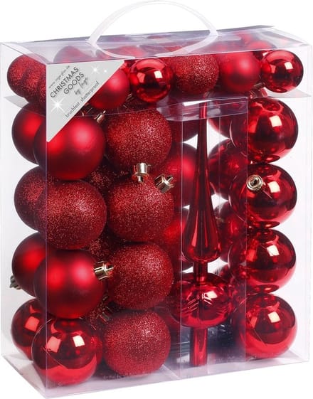 47x Rode kunststof kerstballen 4-6 cm mat/glans met piek - mat/glans - Kerstboomversiering rood