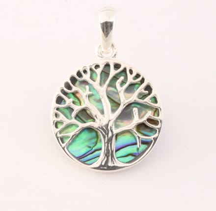 Fijne ronde zilveren hanger met levensboom op abalone schelp