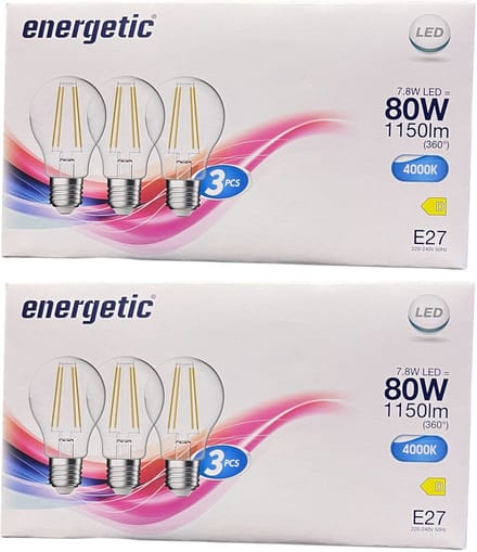 6 stuks (2 x 3) Energetic Filament LED lamp A60 (peer model) helder wit (4000 K) 7,8 Watt ( 80 w )