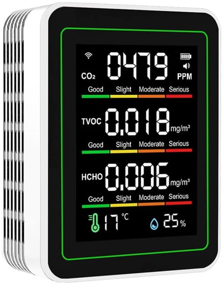 Luchtkwaliteitsmeter - CO2 TVOC HCHO tester - Binnenlucht Kwaliteit - 5 in 1 meting - Temperatuur Vochtigheid - Wit