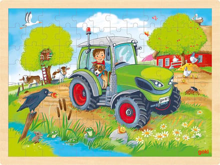 GOKI Puzzel - Tractor - 96 Stukjes - 40X30X0,8Cm - Hout - 3 Jaar