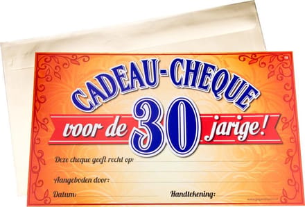 Cadeau cheque 30 jaar 20 x 34 cm