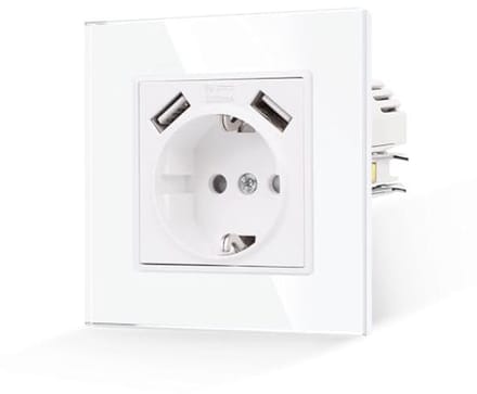 Enkel stopcontact met USB-aansluitingen en geharde glasplaat - 16A, 250V, Schuko, Geaard